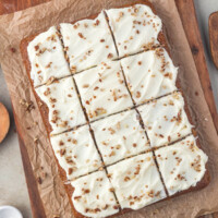 Sourdough carrot cake bars cut into squares.