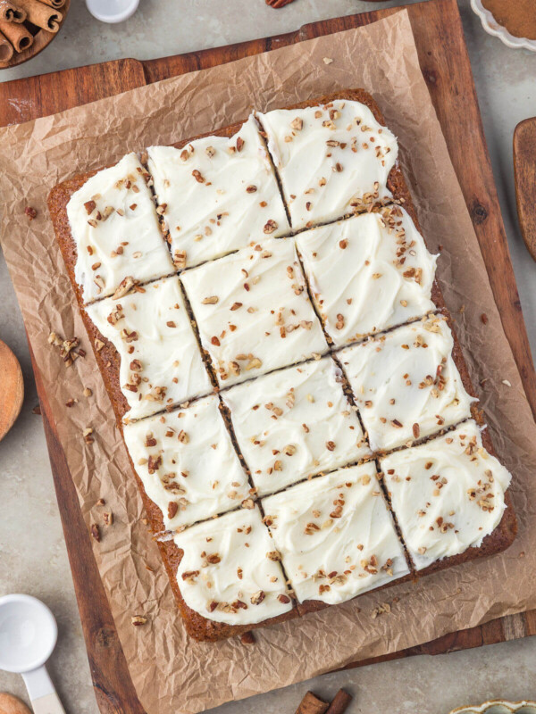 Sourdough carrot cake bars cut into squares.