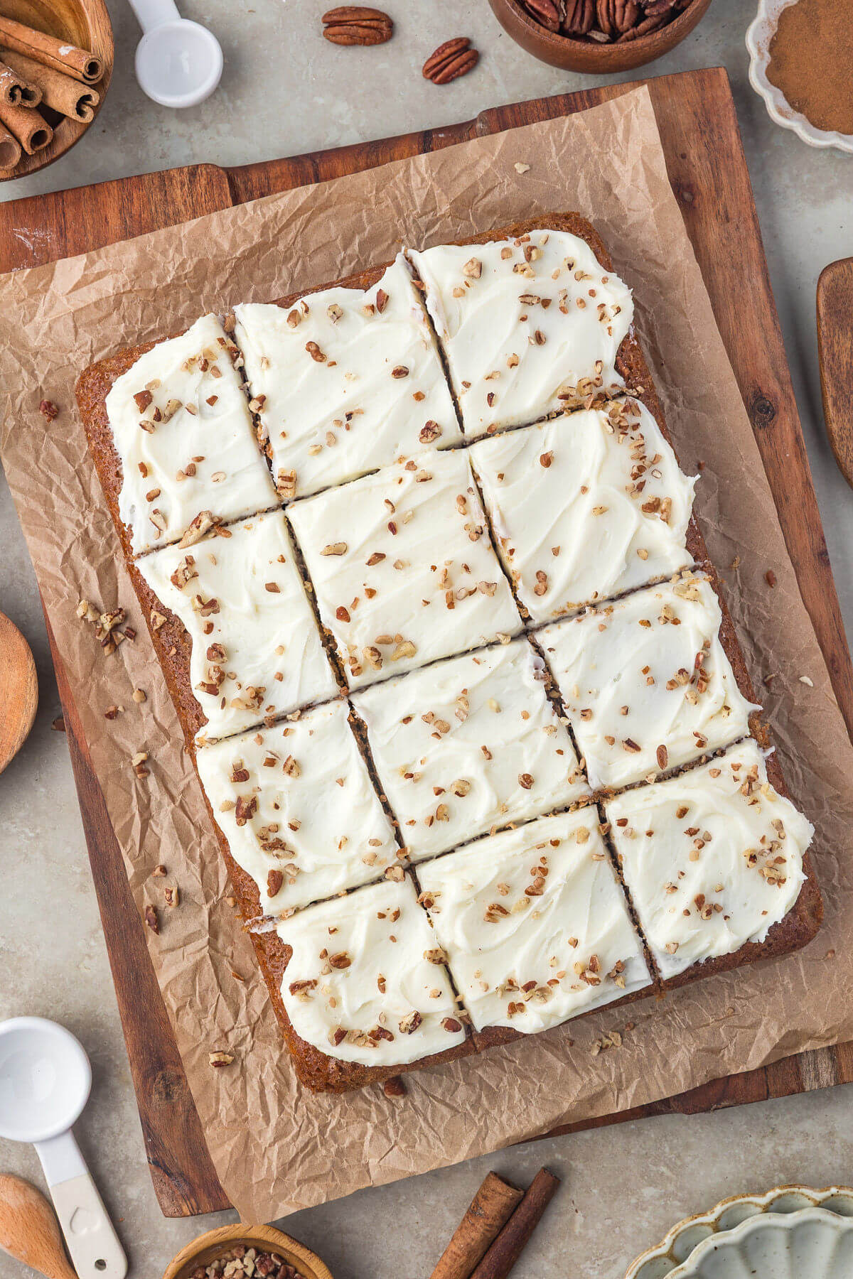 Sourdough carrot cake bars cut into squares.