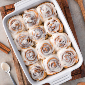 Sourdough discard cinnamon rolls in a 9 x 13 baking dish.
