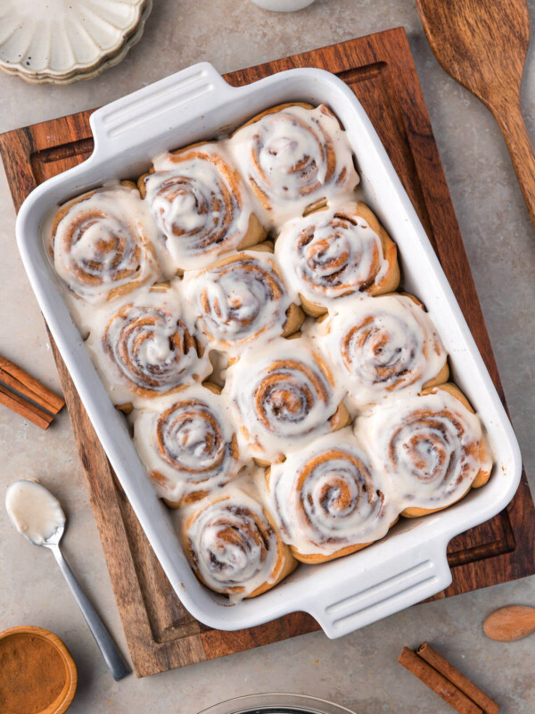 Sourdough discard cinnamon rolls in a 9 x 13 baking dish.