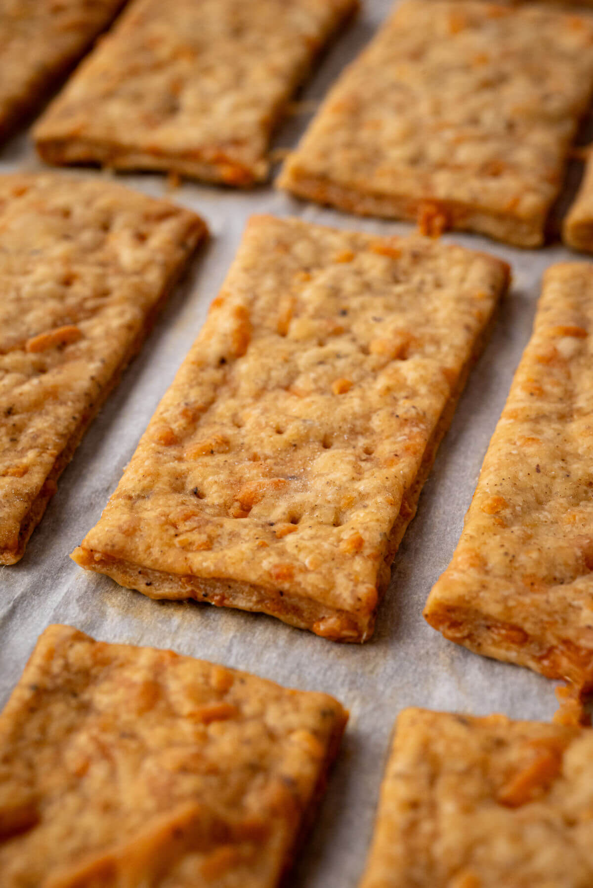Sourdough discard crackers on a baking sheet.