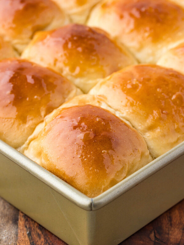 Sourdough discard Hawaiian rolls in a 9 x 13 inch pan after baking.