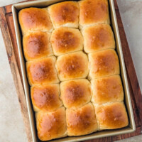 Pan of sourdough discard Hawaiian rolls after baking.