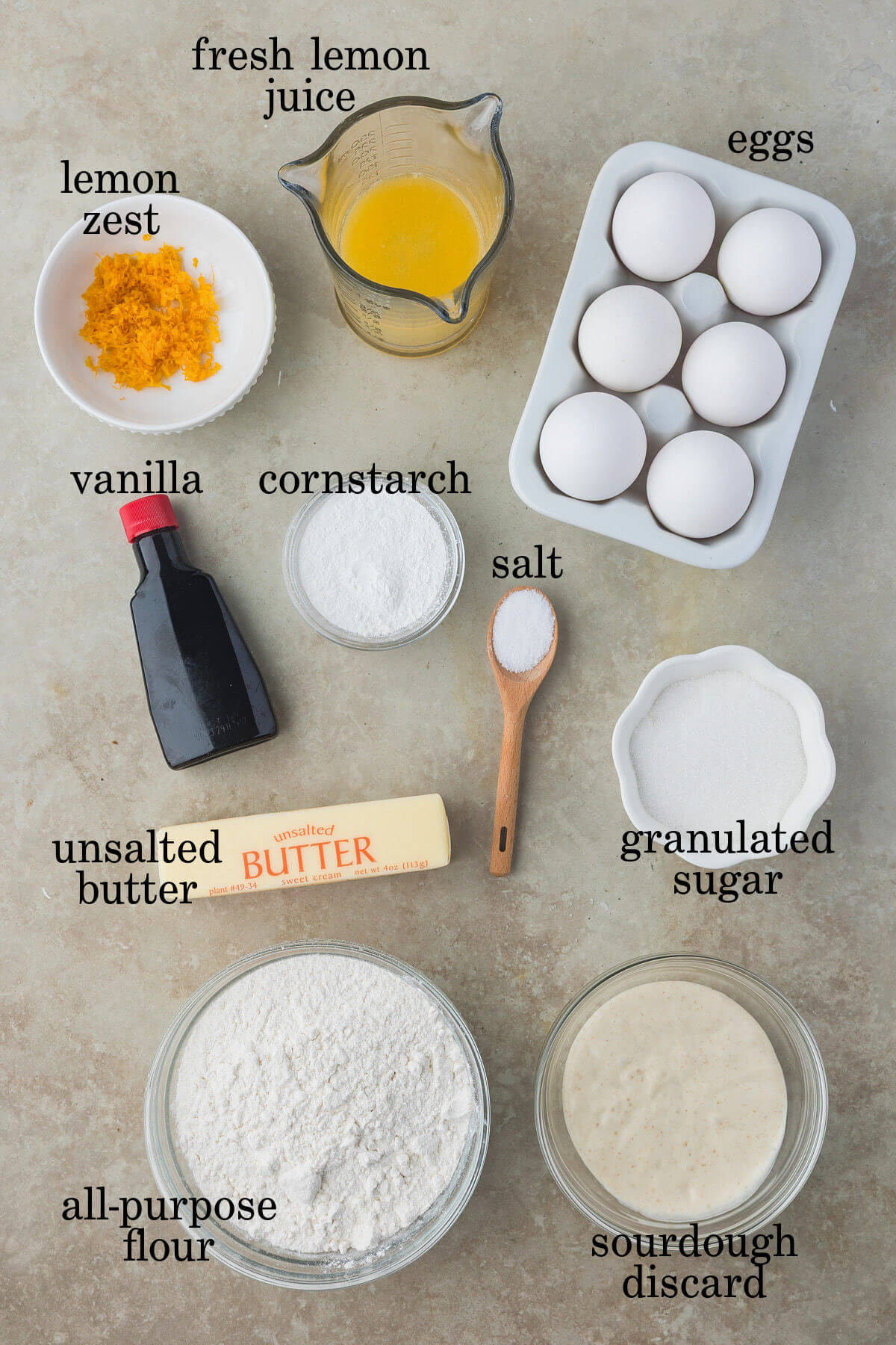 Sourdough lemon bars ingredients in small bowls.