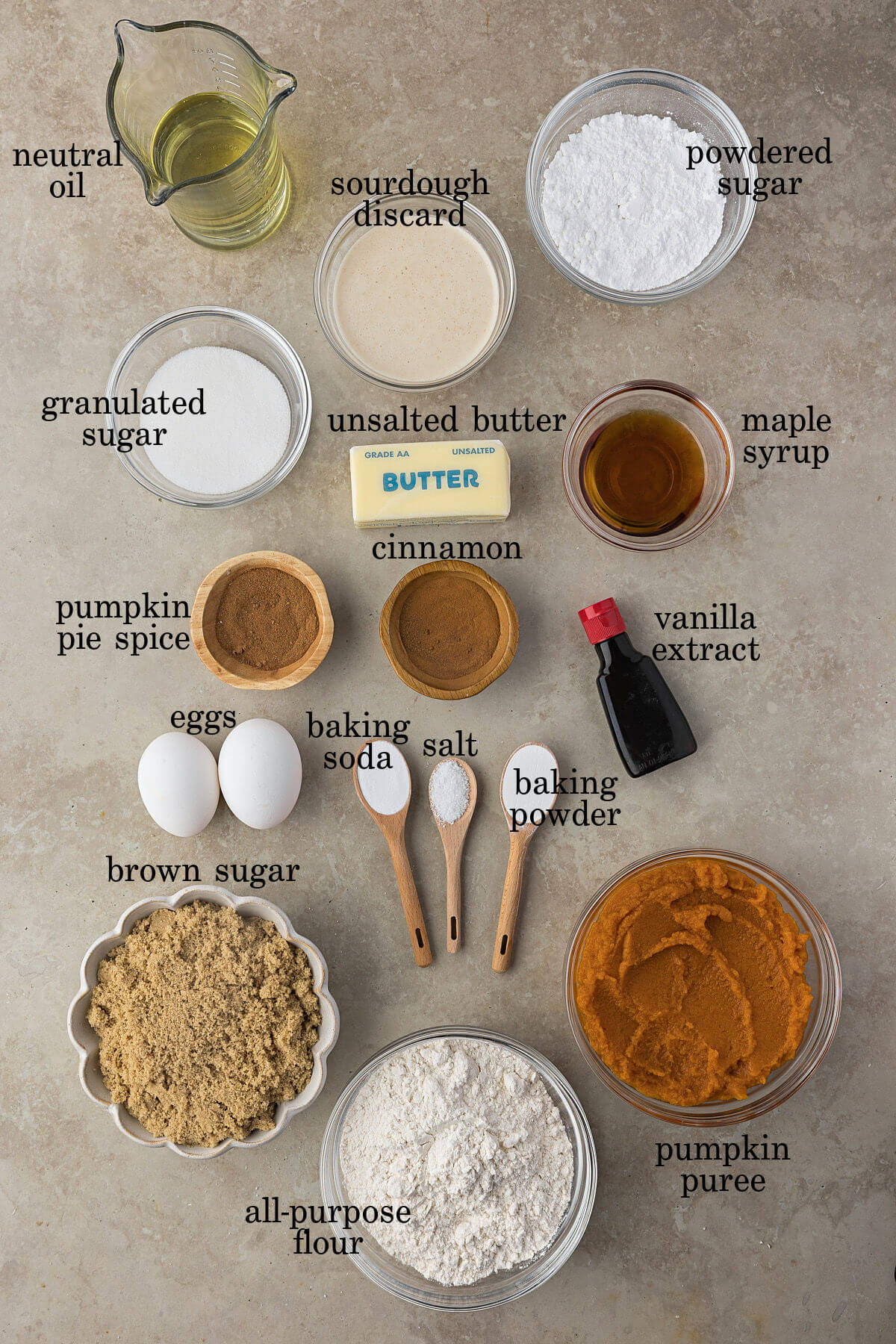 Sourdough discard pumpkin bread ingredients in small bowls with text overlay labeling each ingredient.