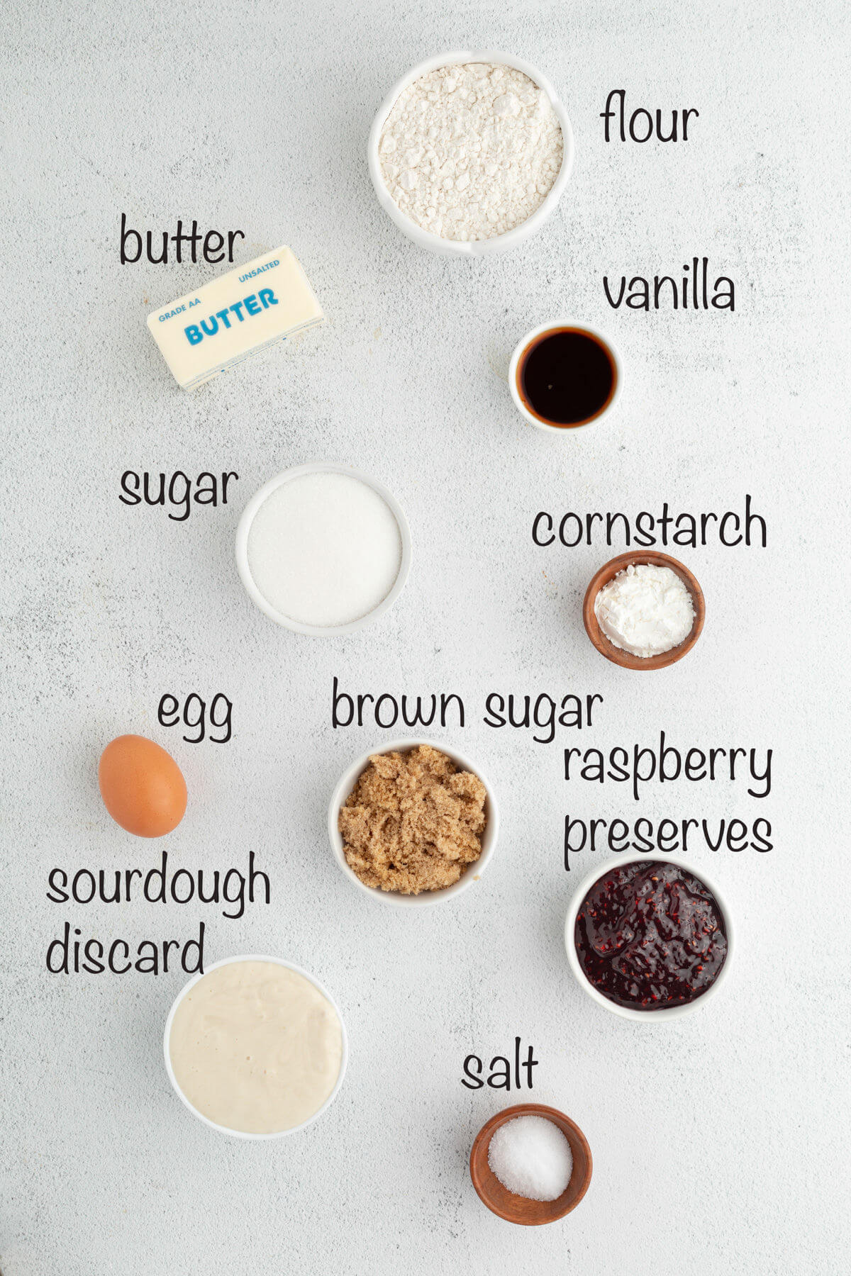 Ingredients for sourdough thumbprint cookies.
