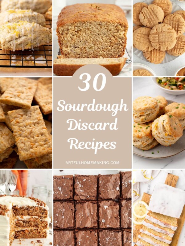 Collage of photos and text overlay that says, "30 sourdough discard recipes."
