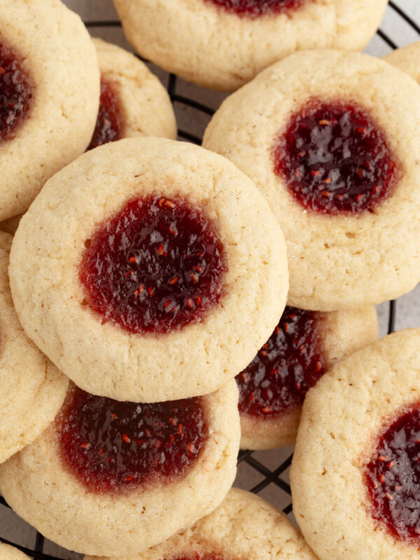 Sourdough thumbprint cookies on a cooling rack.
