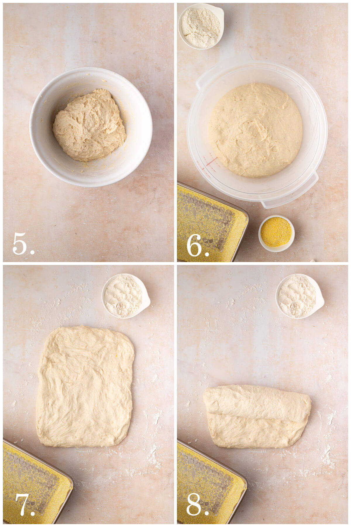 Steps 5 through 8 used to make sourdough English muffin bread.