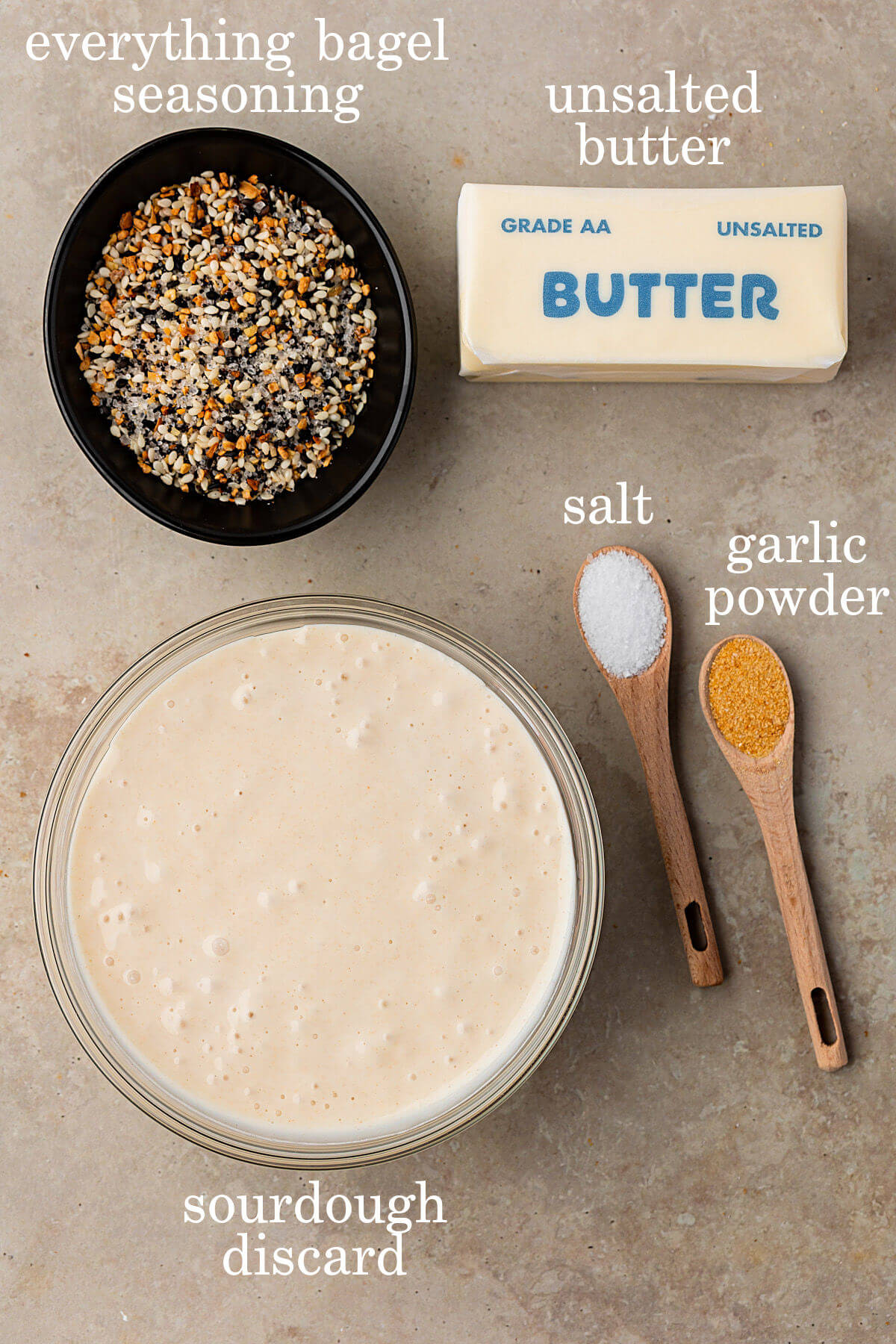 Ingredients for everything sourdough crackers.
