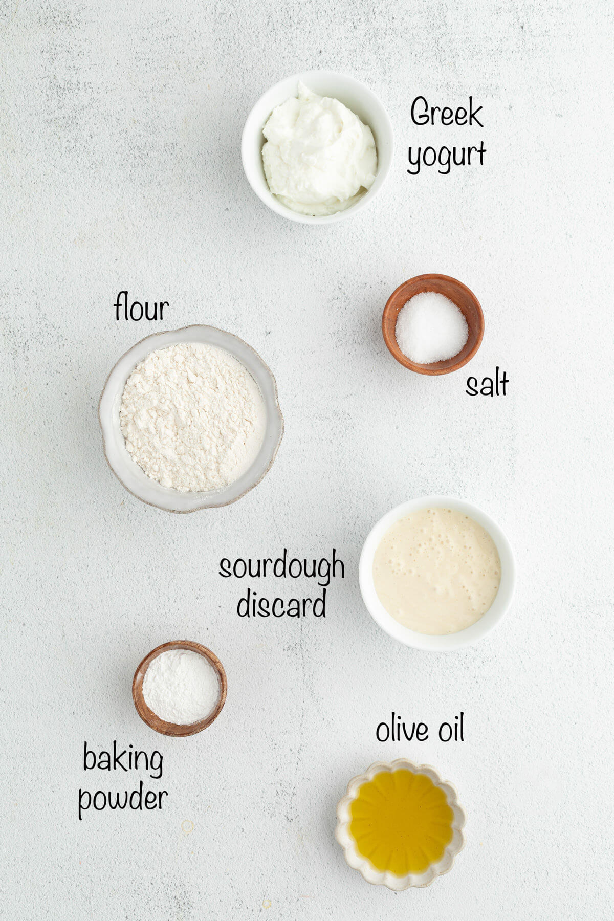 Ingredients for sourdough naan in small bowls with text overlay labeling each ingredient.