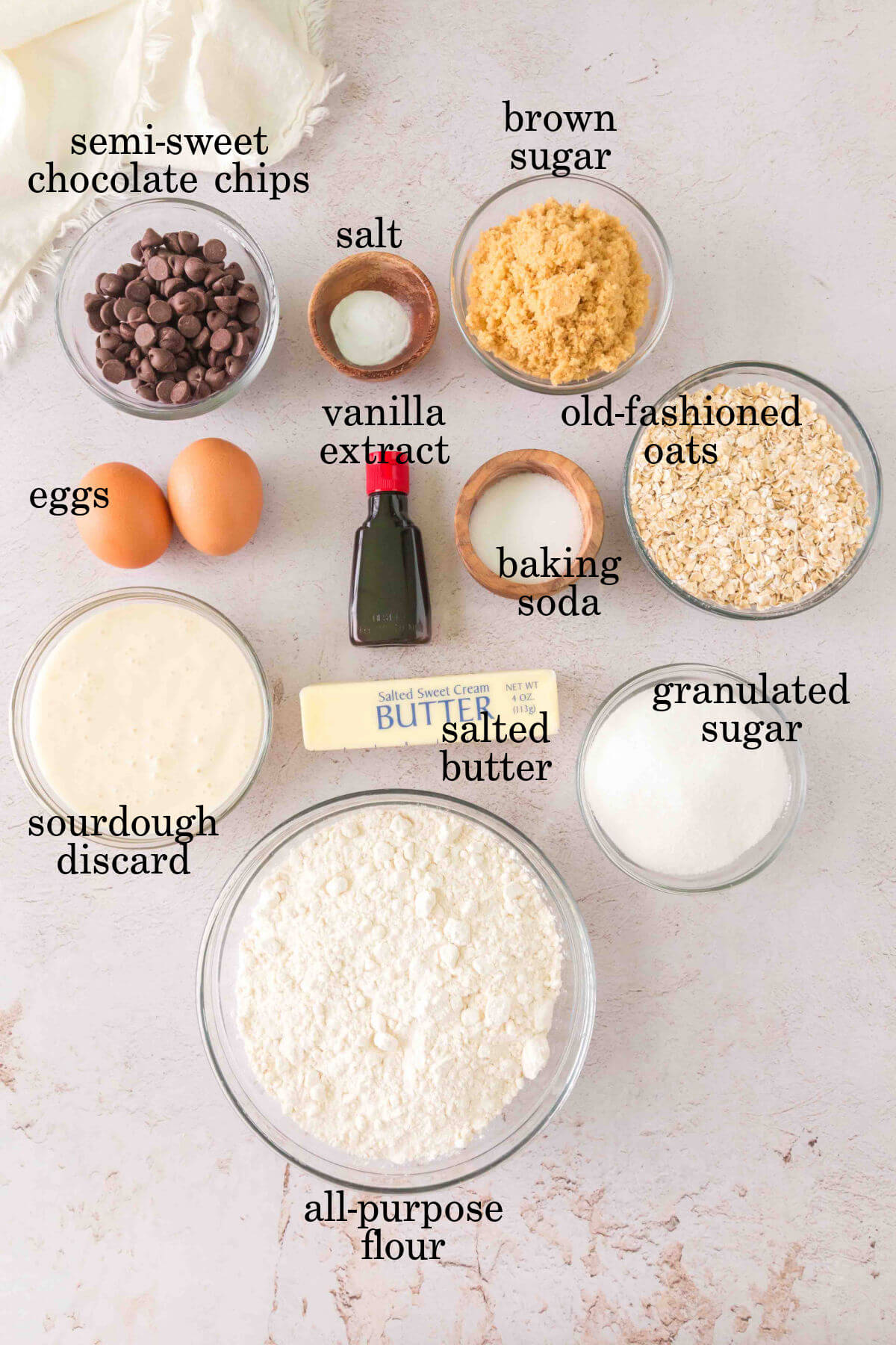 Sourdough oatmeal chocolate chip cookie ingredients.