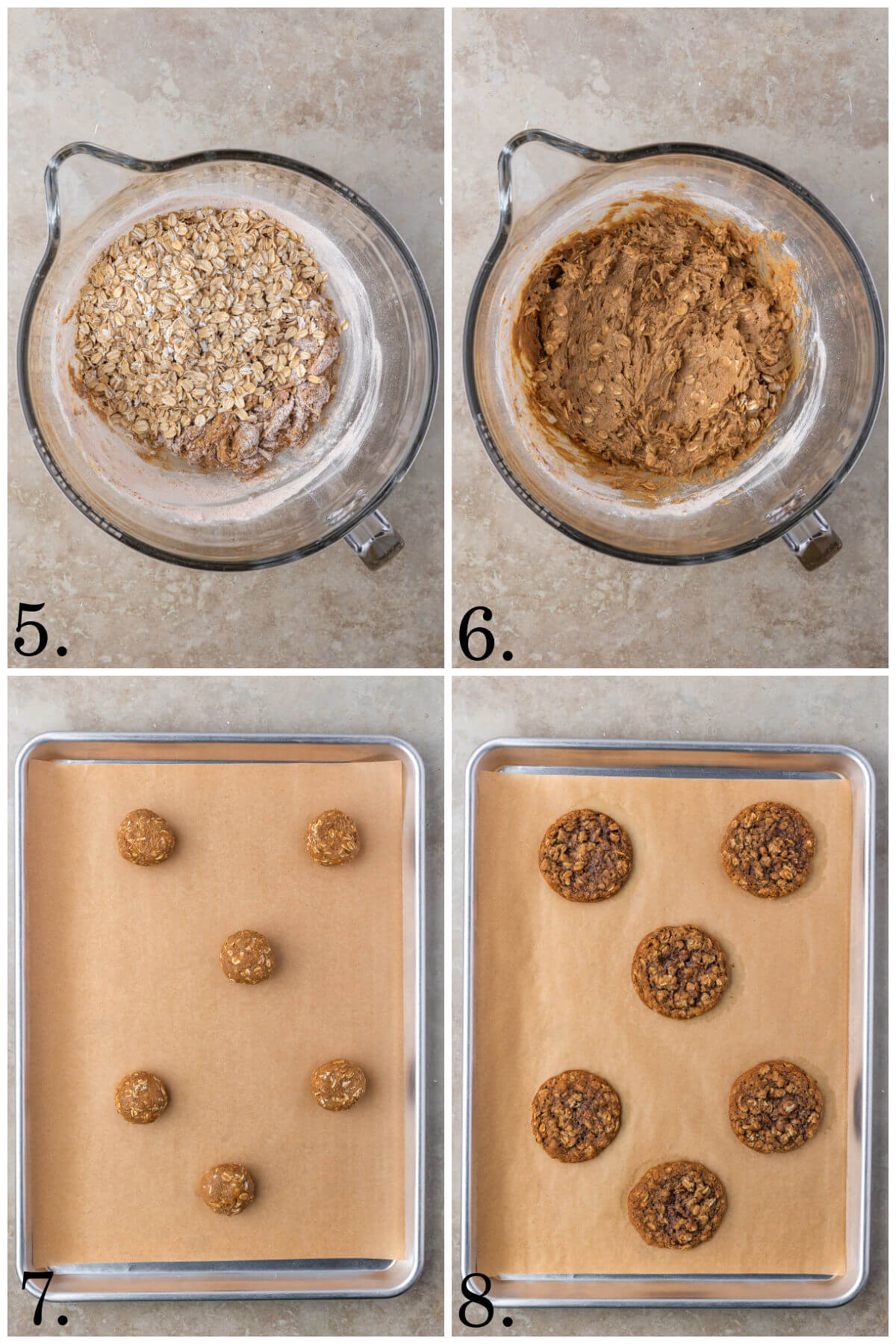 Collage of four photos showing steps 5-8 for how to make sourdough oatmeal cream pies.