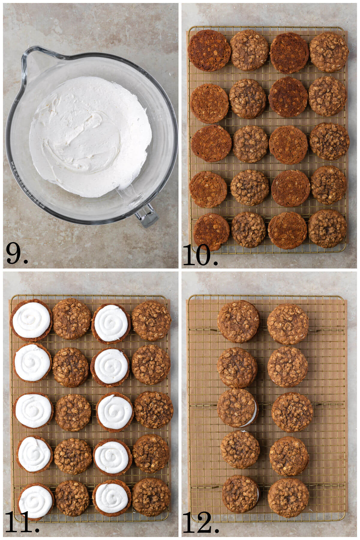 Collage of four photos showing steps 9-12 for how to make sourdough oatmeal cream pies.
