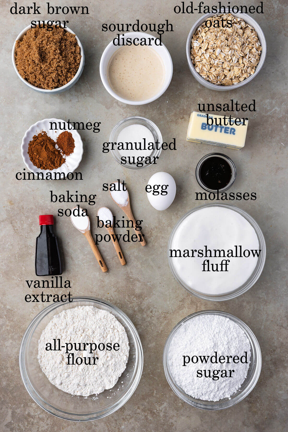 Ingredients for sourdough oatmeal cream pies.
