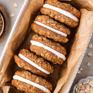 Sourdough oatmeal cream pies in a dish.