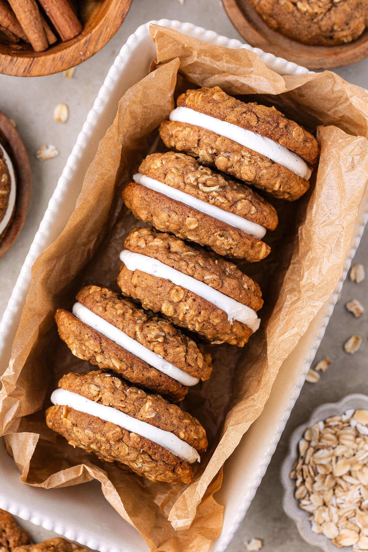 Sourdough oatmeal cream pies in a dish.