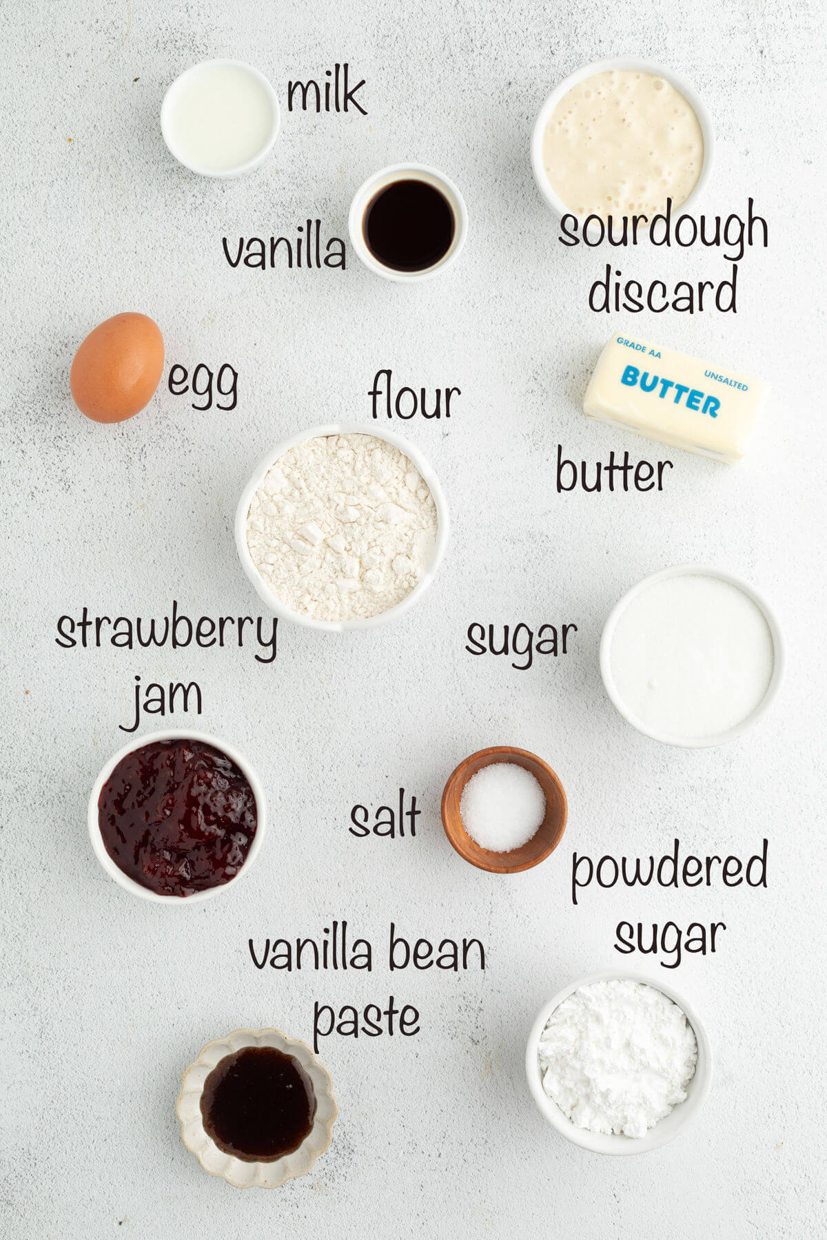 Ingredients in small bowls with text overlay labeling each ingredient.