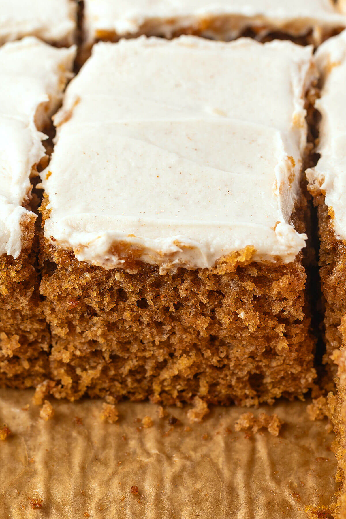 Sourdough pumpkin bars cut into rectangles.
