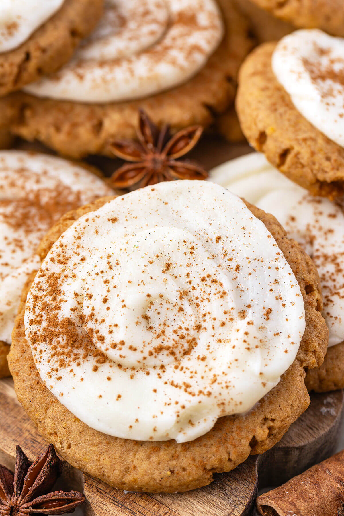 Sourdough pumpkin cookies with a thick layer of frosting.