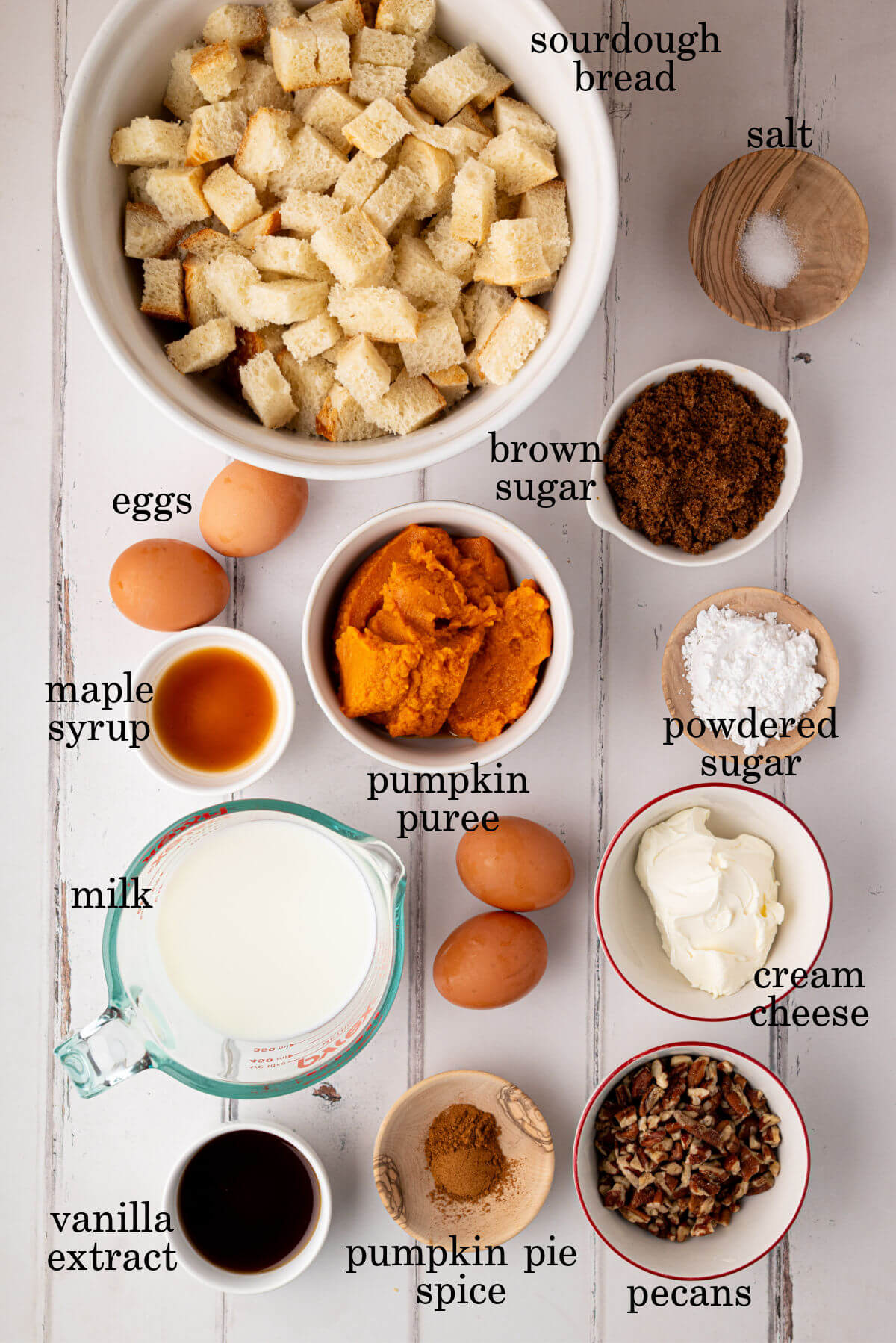 Ingredients in small bowls with text overlay labeling each ingredient.