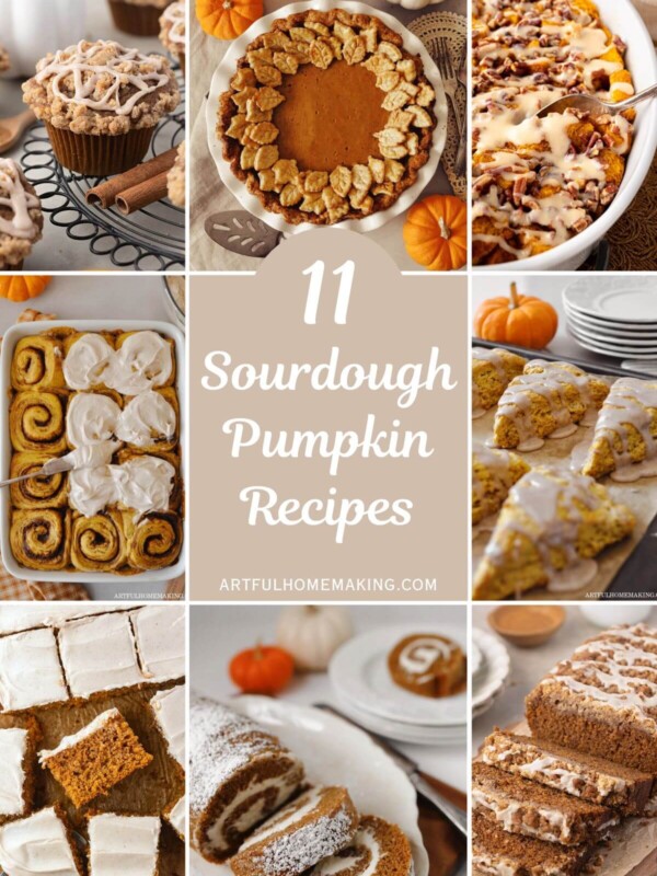 A collage of photos showing sourdough pumpkin recipes.