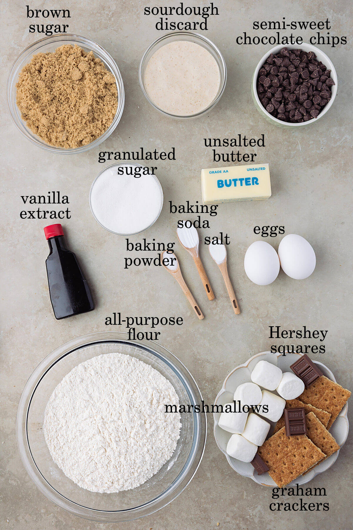 Ingredients for sourdough s'mores cookies.