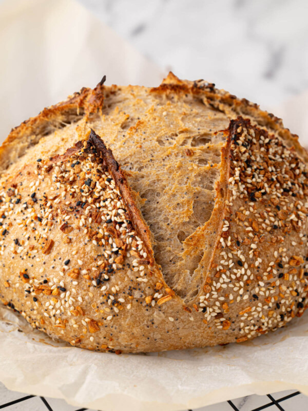 Everything Bagel sourdough bread on a cooling rack.
