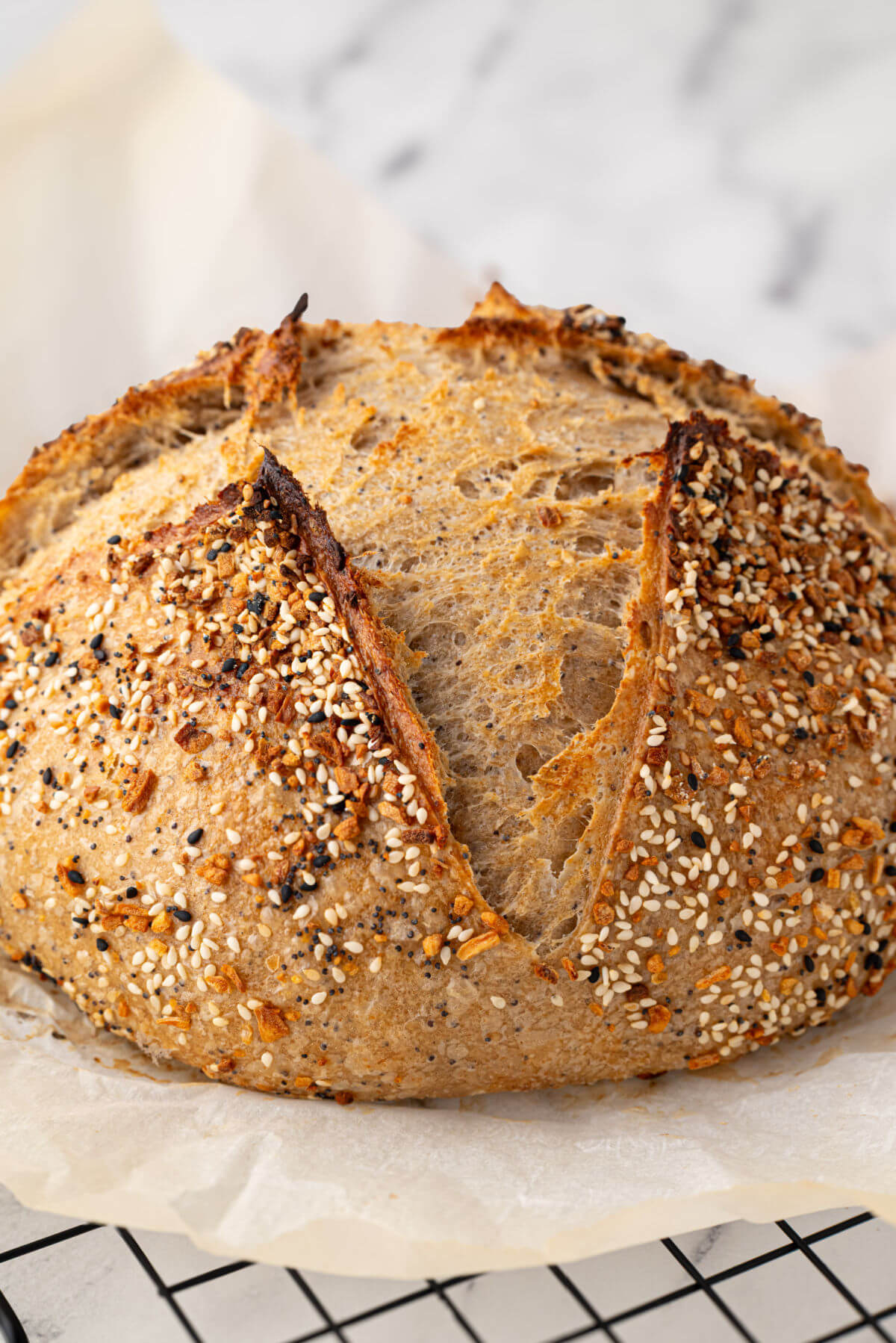 Everything Bagel sourdough bread on a cooling rack.