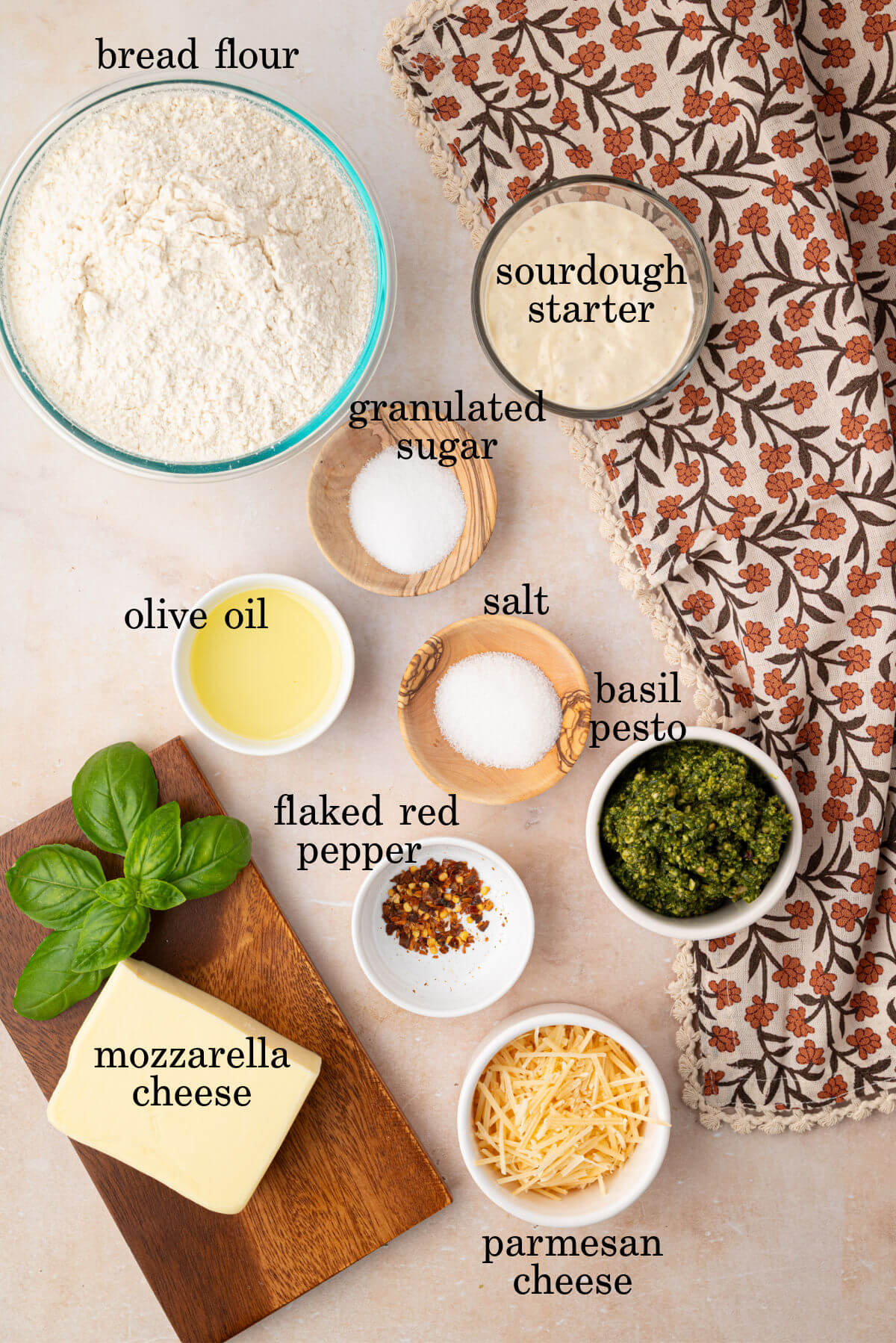 Sourdough focaccia pizza bianca ingredients in small bowls.