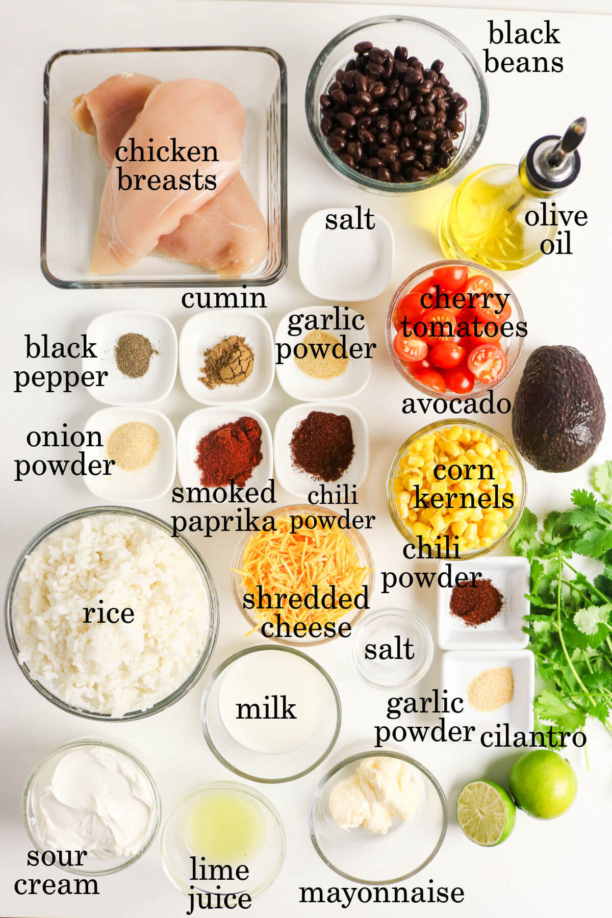 Ingredients for this southwest chicken bowl recipe in small bowls.