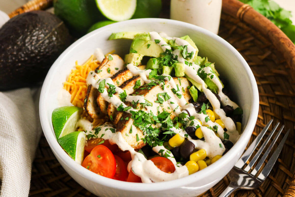 Southwest chicken bowl recipe in a bowl for serving.