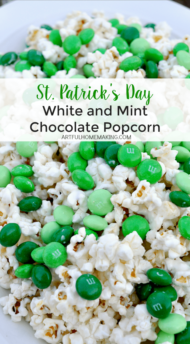 This is a delicious St. Patrick's Day treat! Popcorn covered with white chocolate and mint chocolate candy!