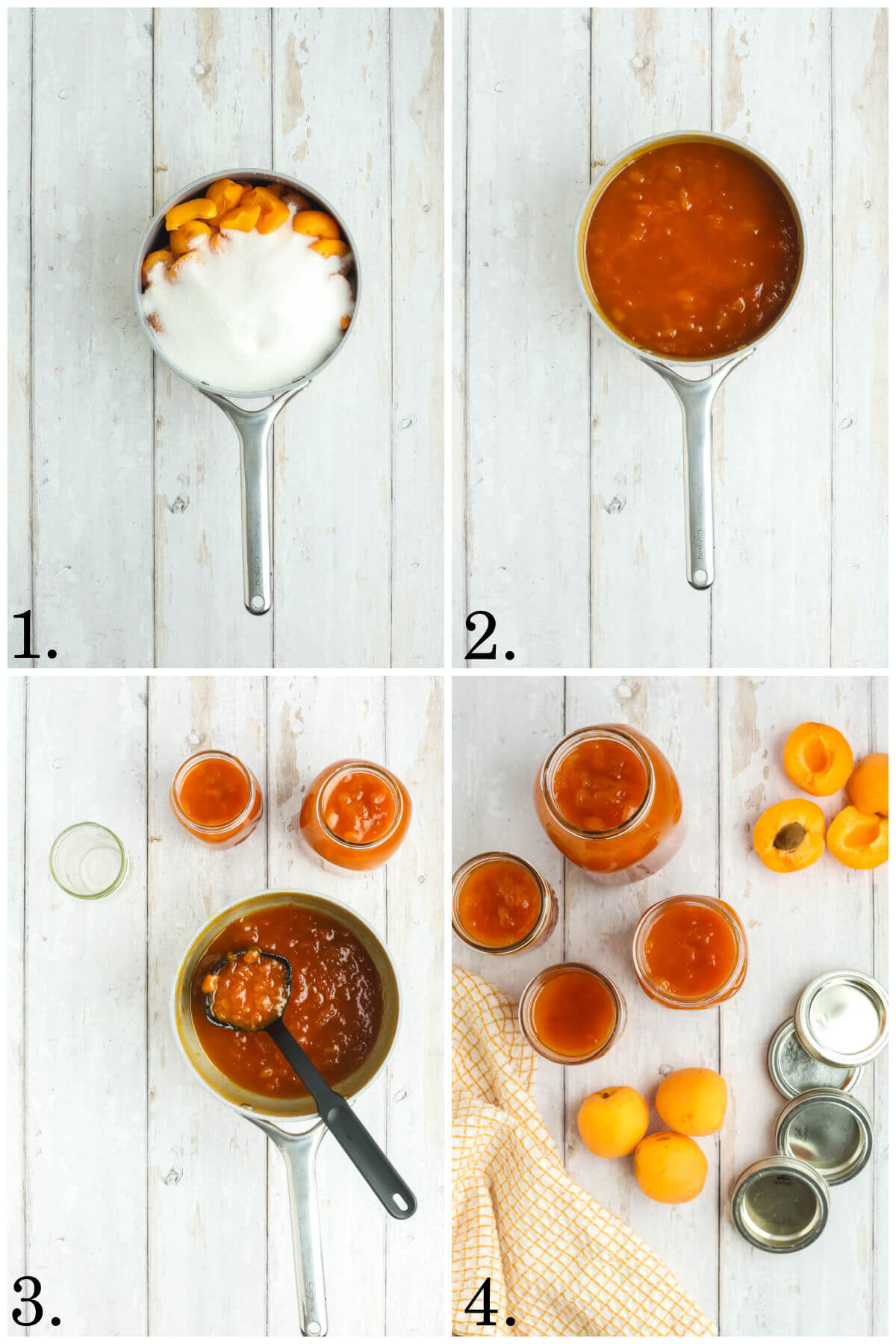 Collage of four photos showing steps 1-4 for how to make apricot jam without pectin.