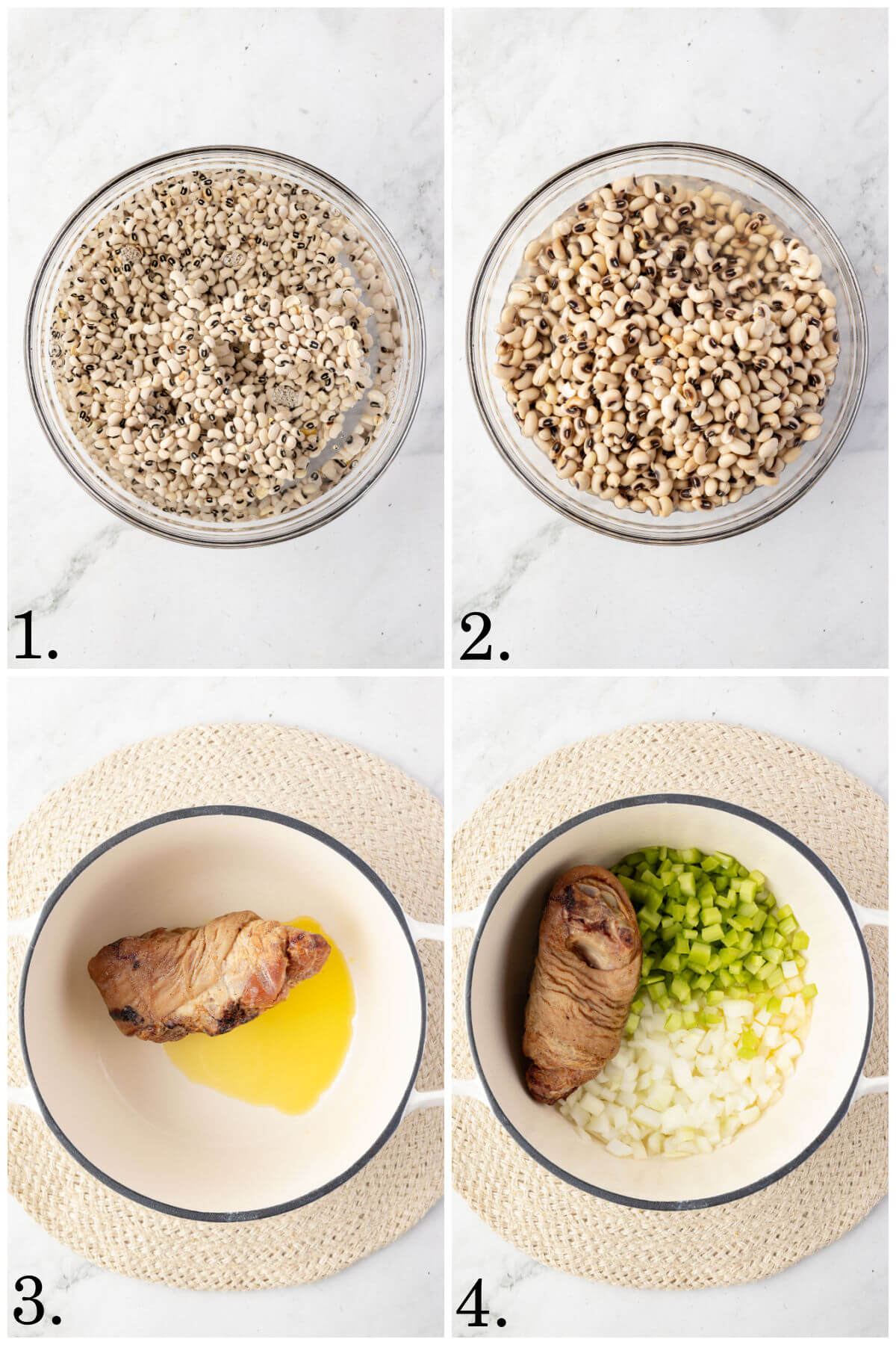 Collage of four photos showing steps 1-4 for how to make black eyed pea soup.