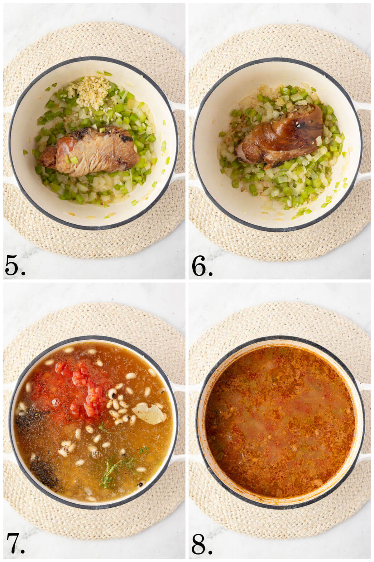 Collage of four photos showing steps 5-8 for how to make black eyed pea soup.