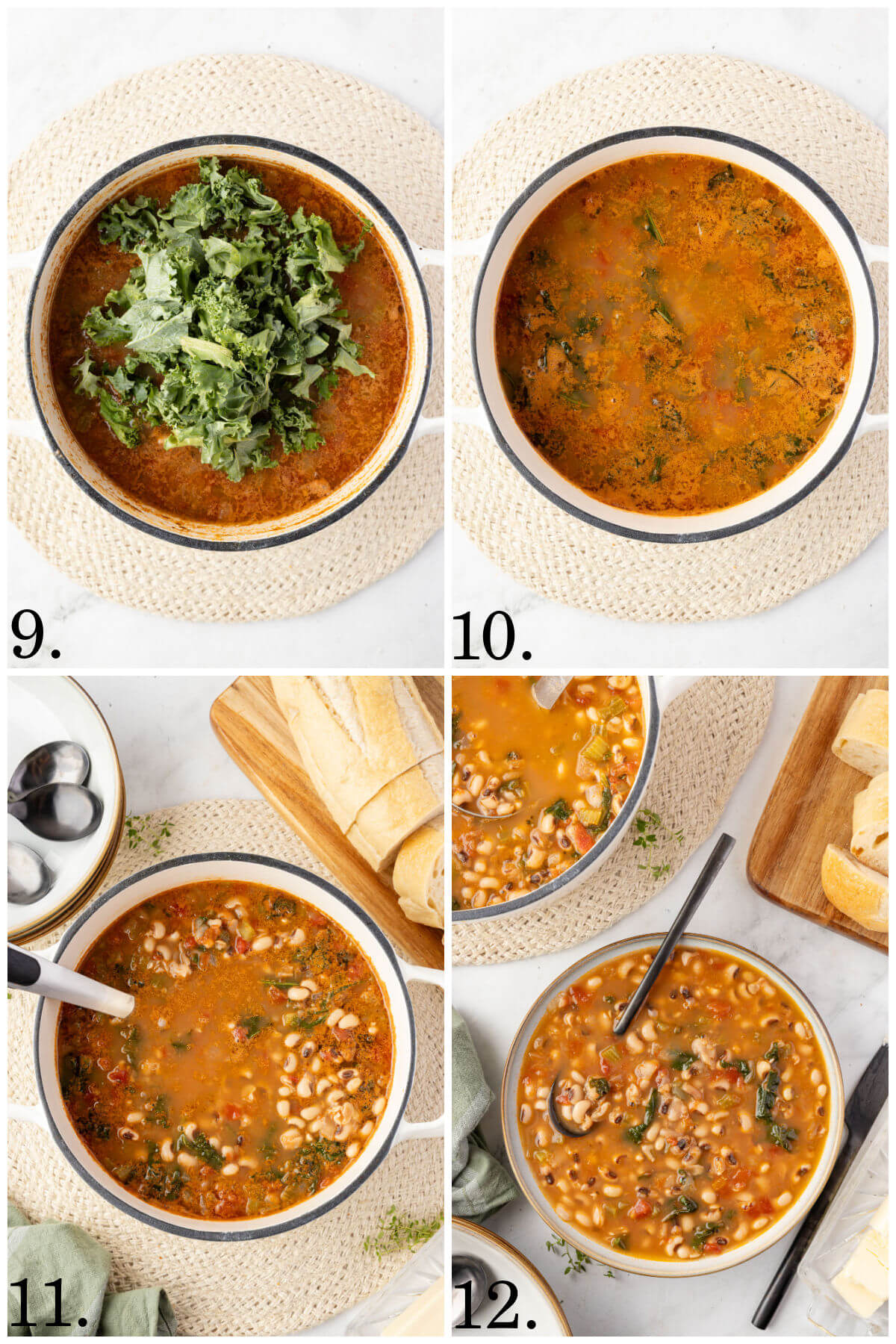 Collage of four photos showing steps 9-12 for how to make black eyed pea soup.