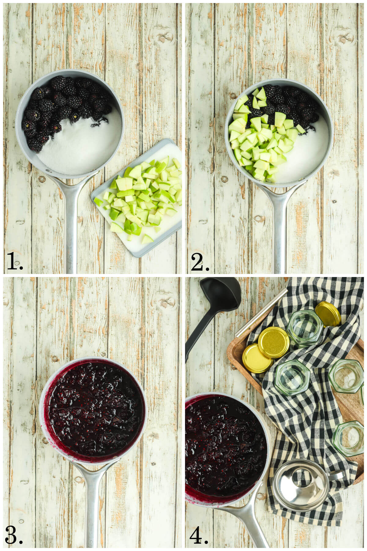 Collage of four photos showing steps 1-4 for how to make blackberry jam without pectin.