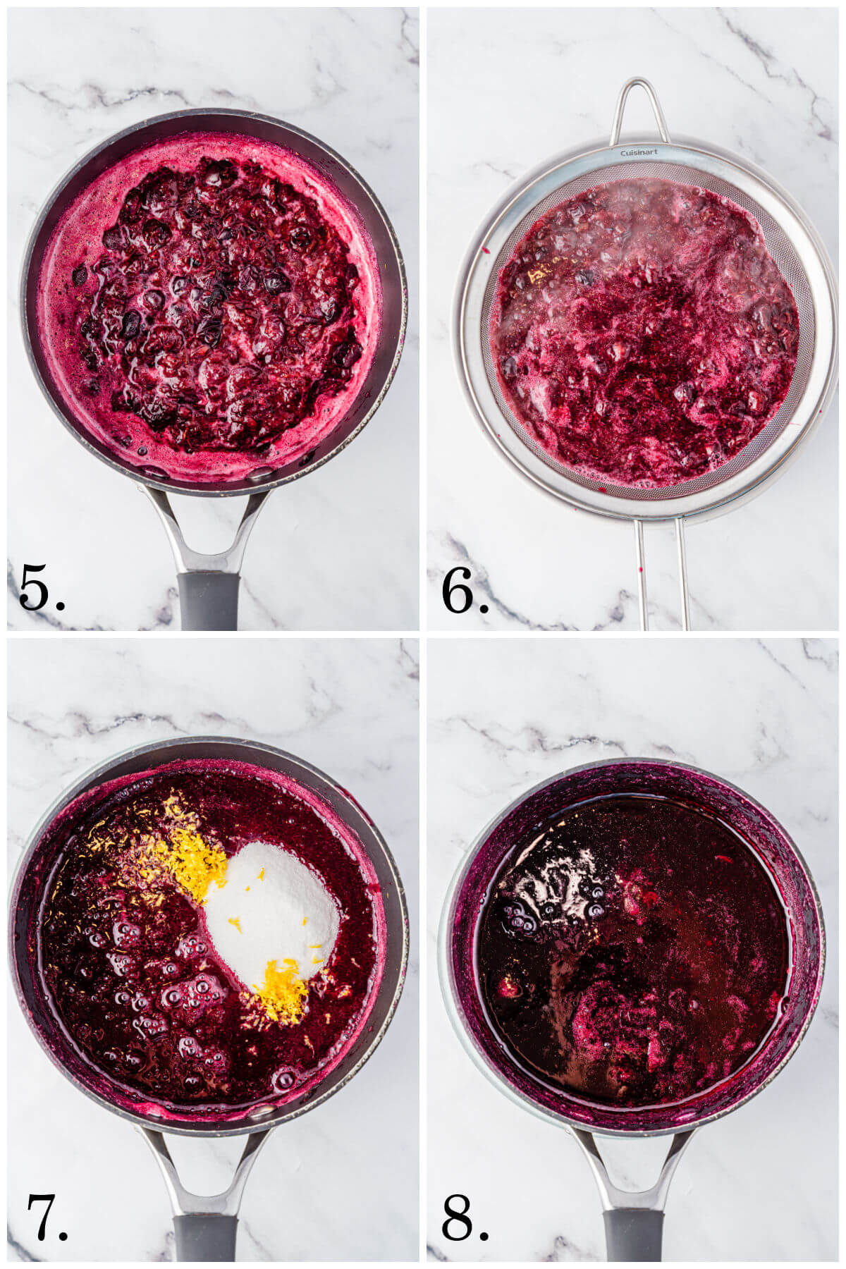 Collage of four photos showing steps 5-8 for how to make homemade blueberry syrup.