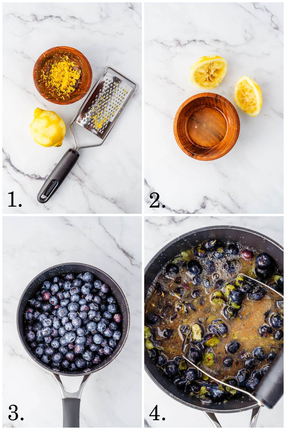 Collage of four photos showing steps 1-4 for making homemade blueberry syrup.