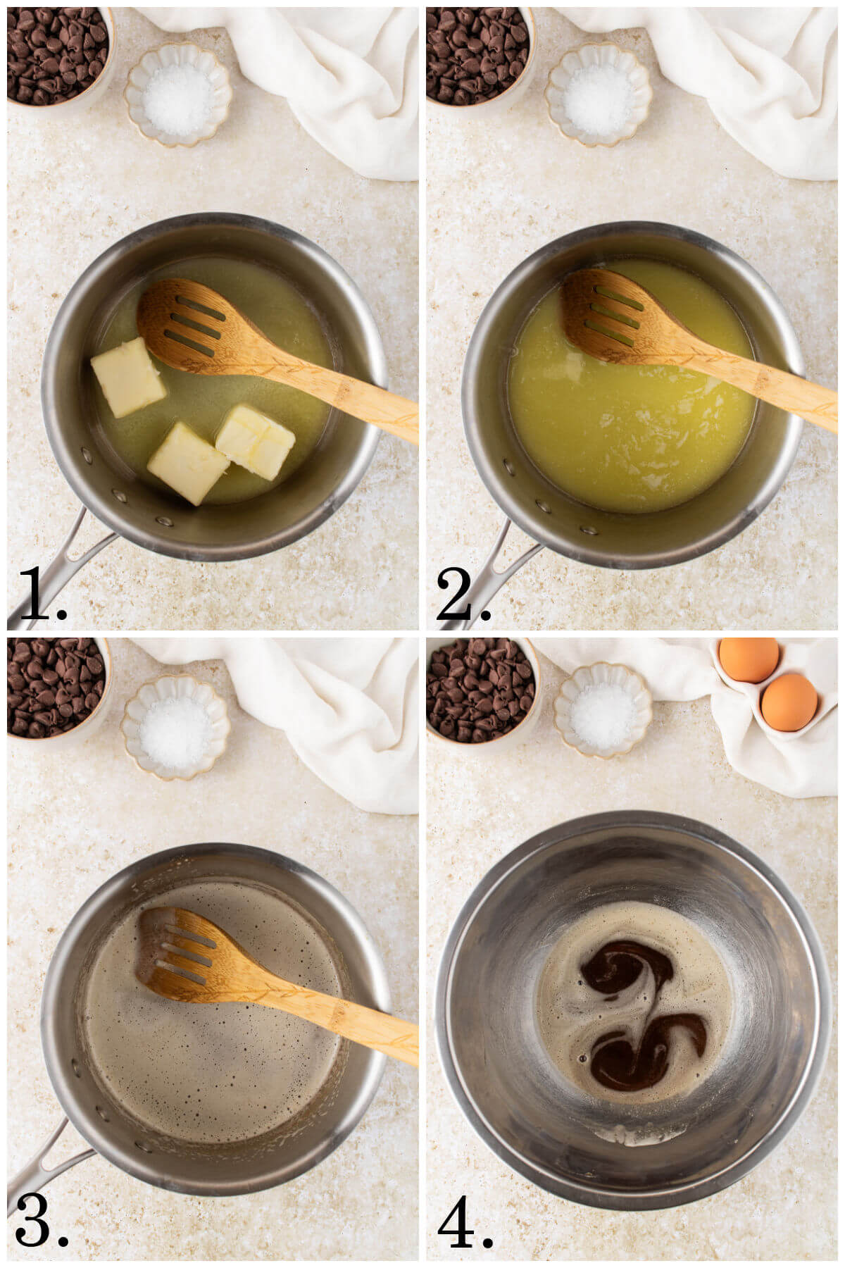 Collage of four photos showing steps 1-4 of how to make brown butter chocolate chip cookies.