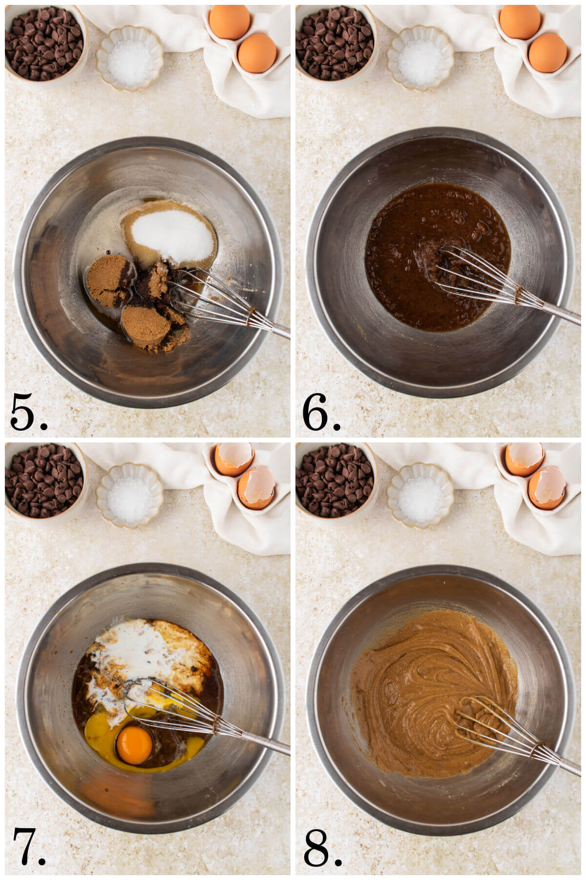 Collage of four photos showing steps 5-8 of how to make brown butter chocolate chip cookies.