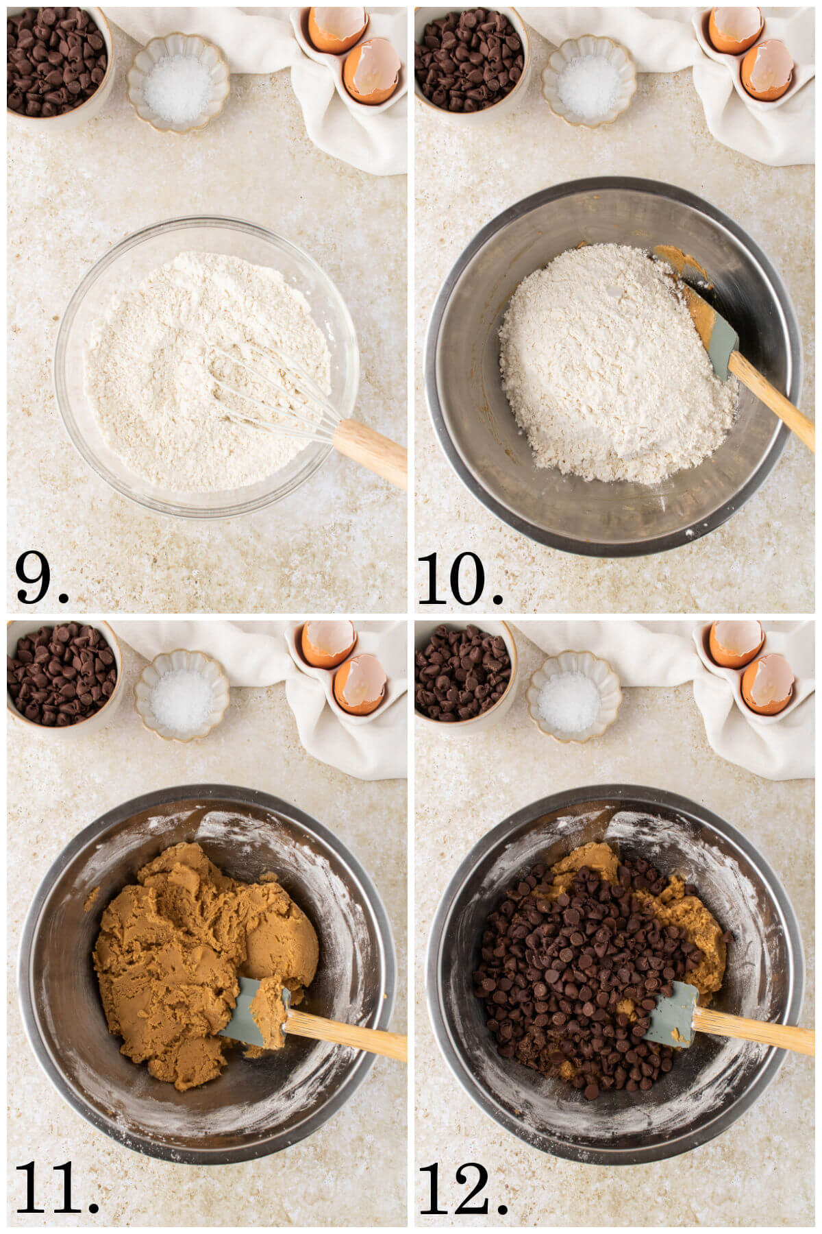 Collage of four photos showing steps 9-12 of how to make brown butter chocolate chip cookies.