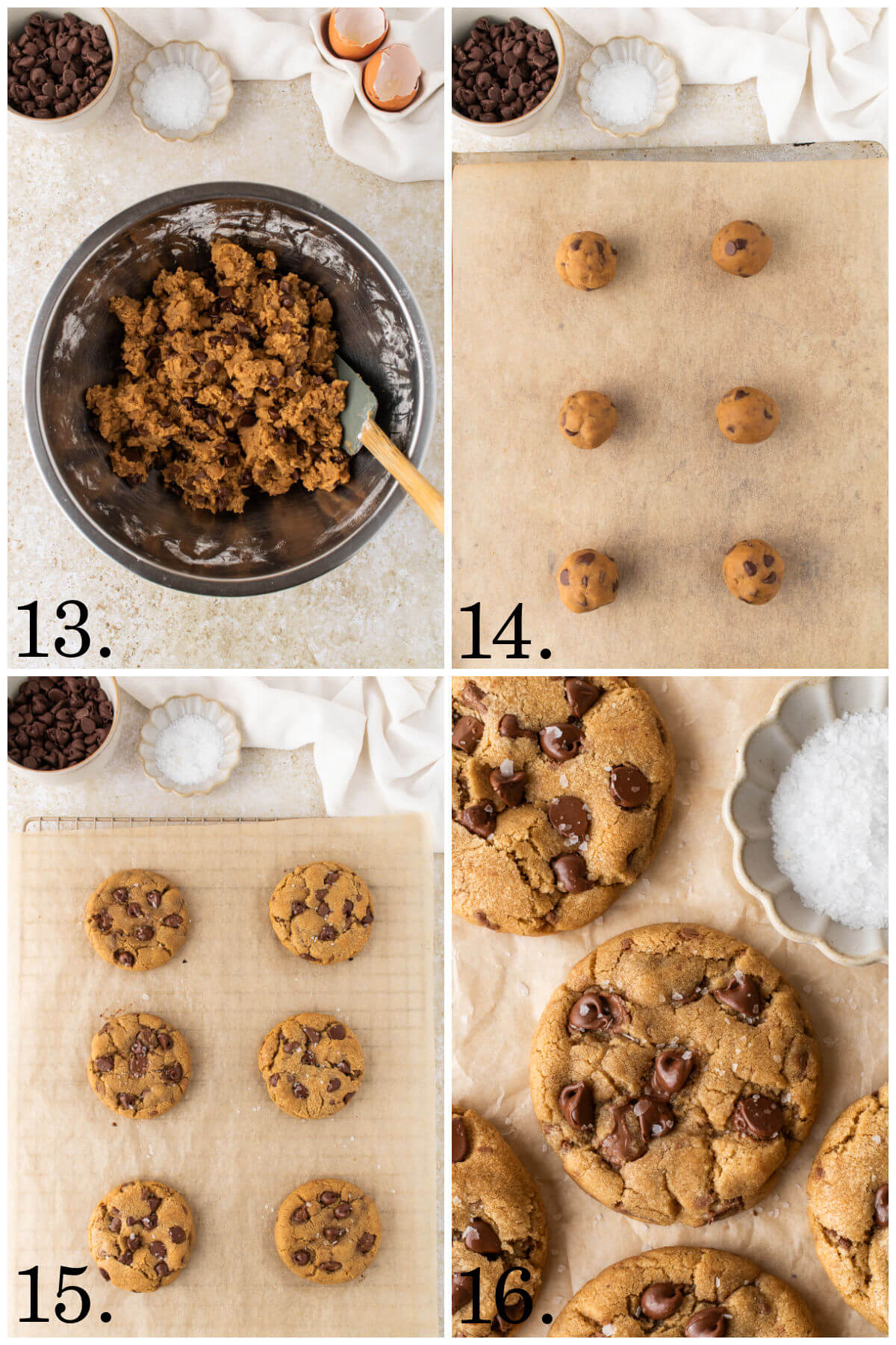 Collage of four photos showing steps 13-16 of how to make brown butter chocolate chip cookies.
