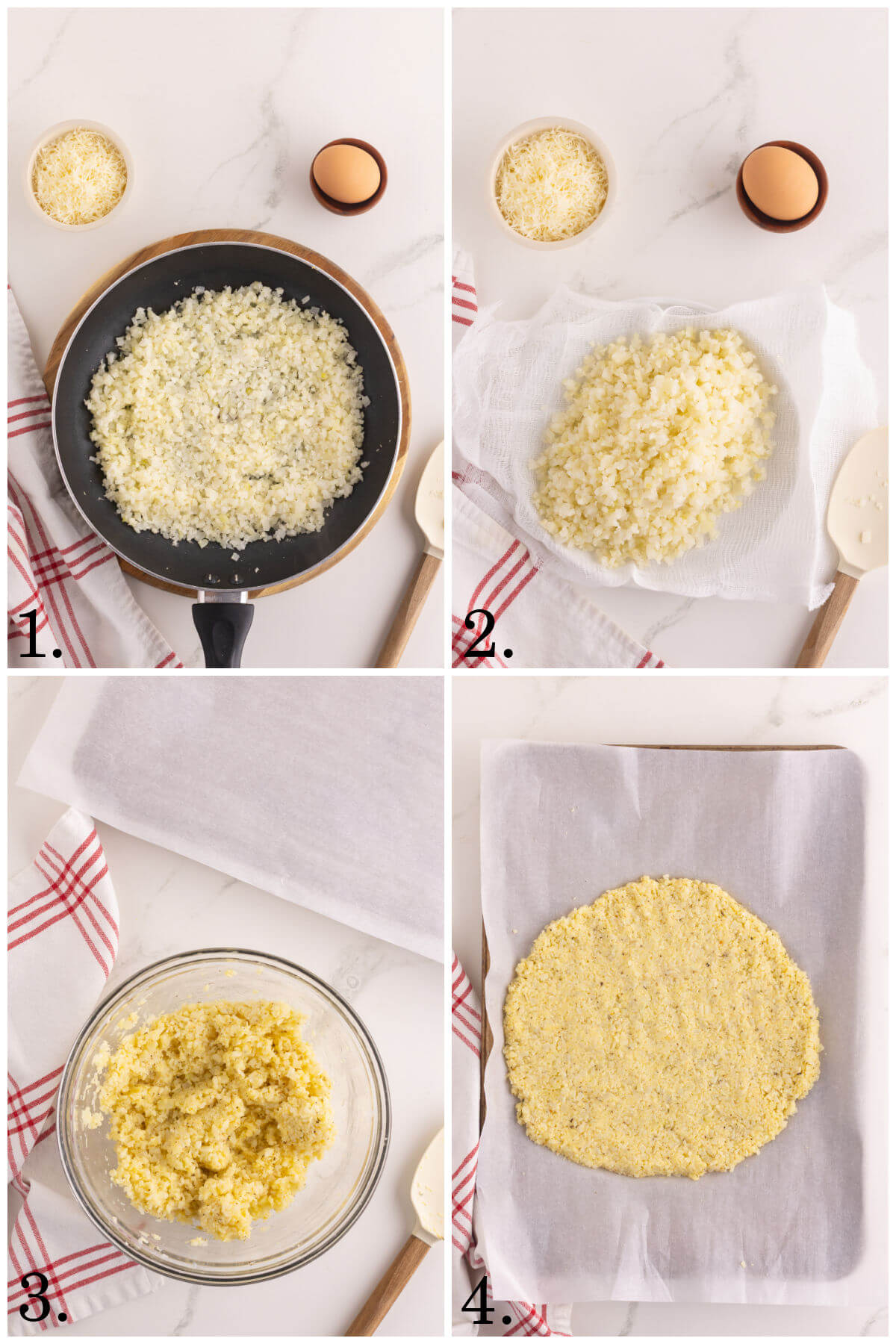 Collage of four photos showing steps 1-4 for how to make cauliflower pizza crust recipe.