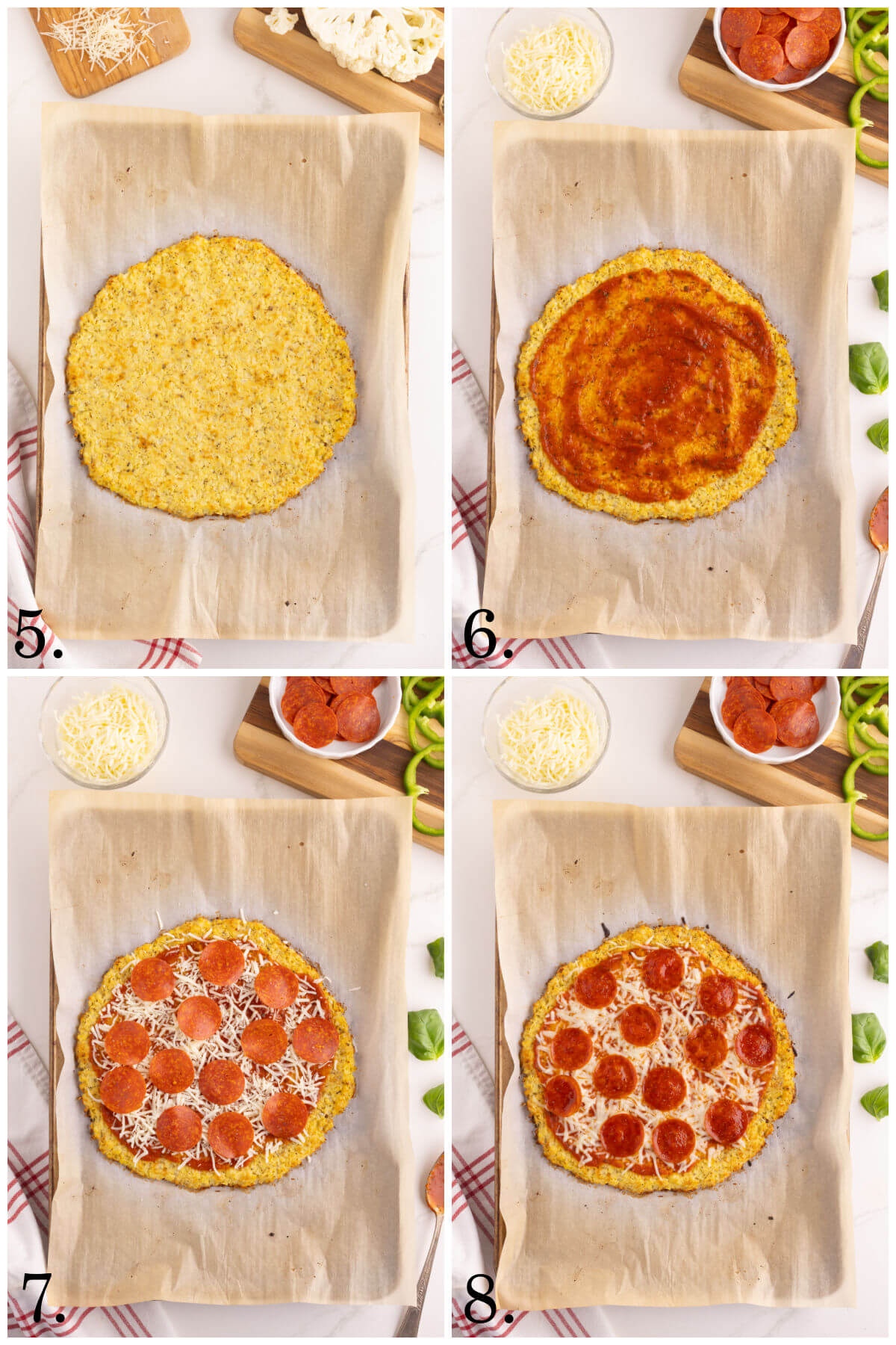 Collage of four photos showing steps 5-8 for how to make cauliflower pizza crust recipe.