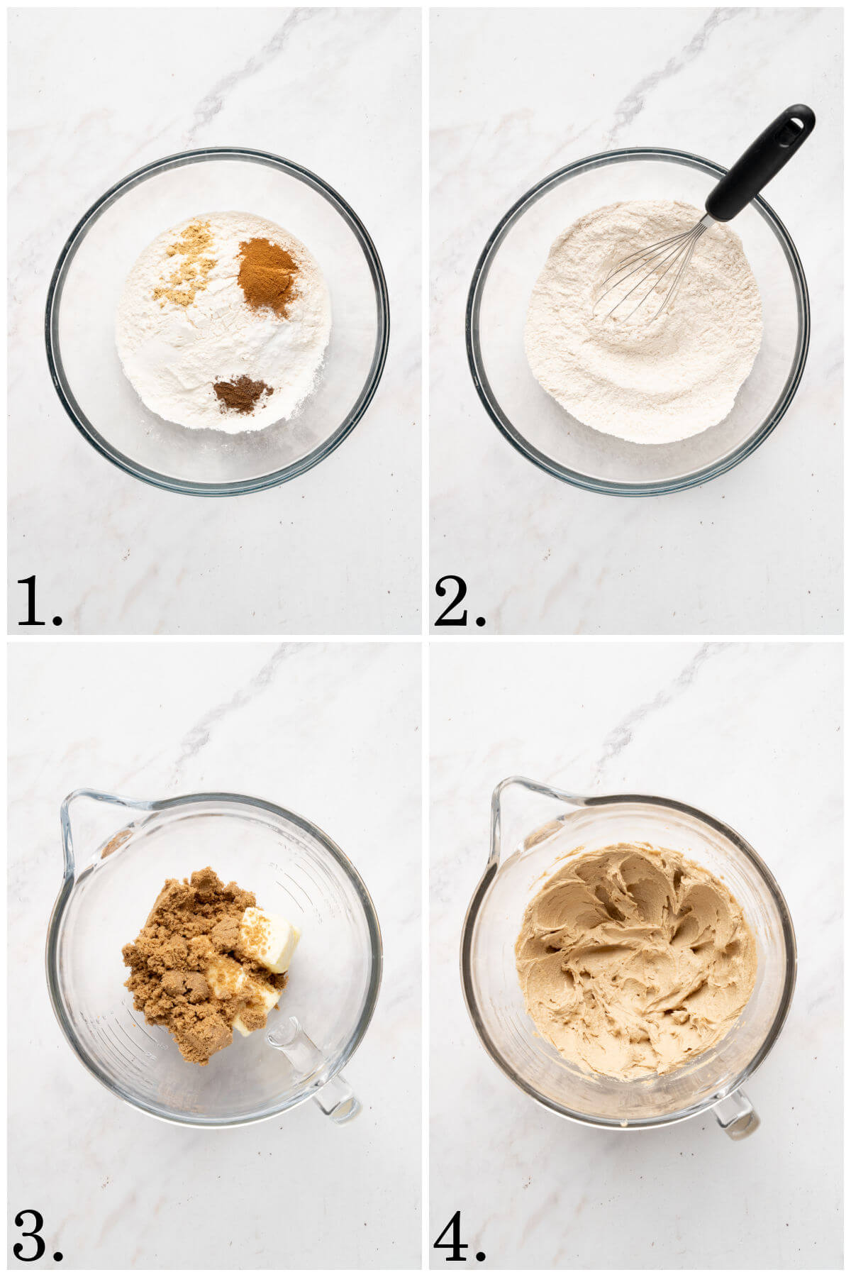 Collage of four photos showing steps 1-4 for how to make chewy molasses cookies.