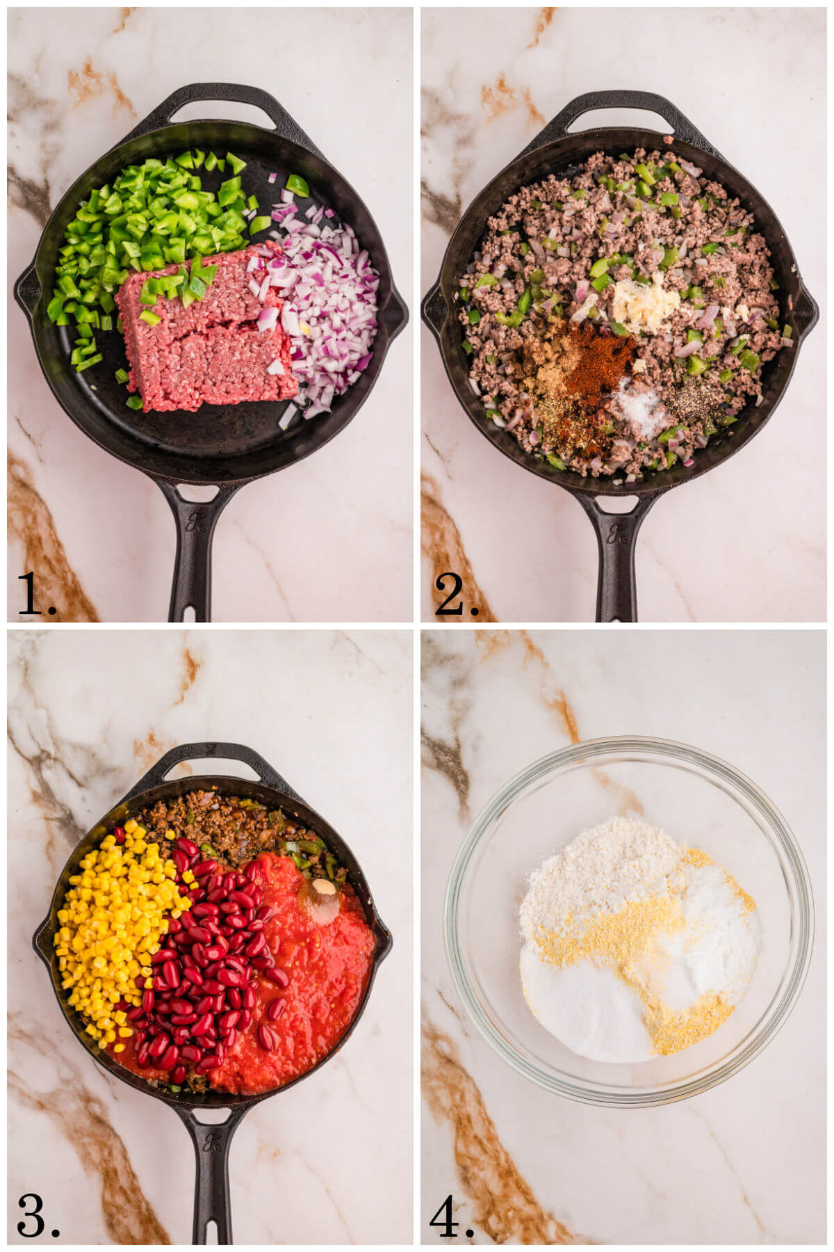 Collage of four photos showing steps 1-4 for how to make chili cornbread casserole.