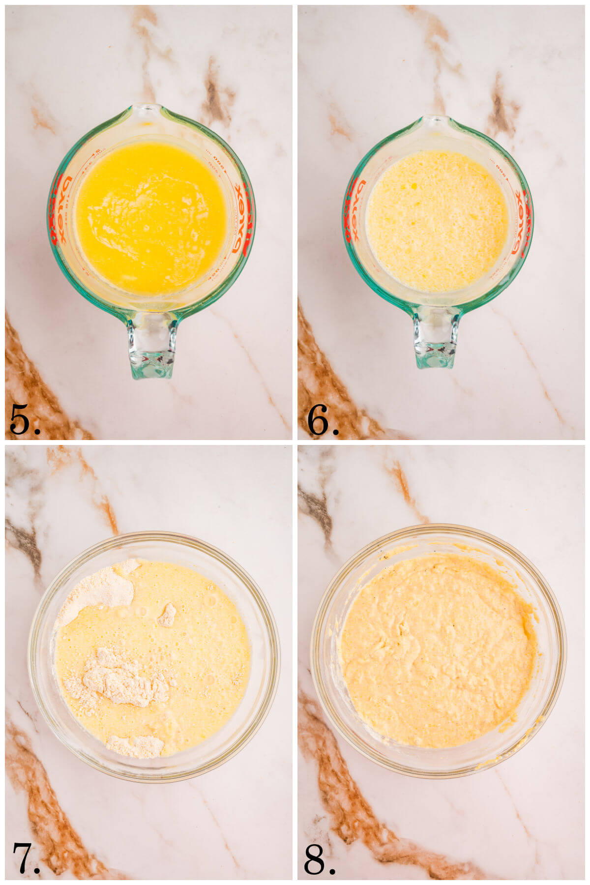 Collage of four photos showing steps 5-8 for how to make chili cornbread casserole.